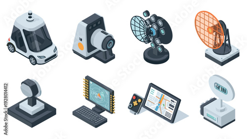 isometric set of modern electronic and communication devices collection including autonomous car radar joystick and navigation tablet