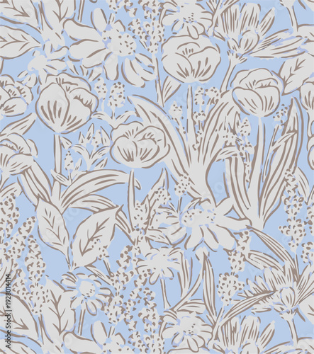 botanic seamless pattern with exotic flowers and leaves, hand drawn background. floral pattern. Tile with tropical leaf