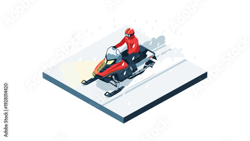 isometric person riding red snowmobile in winter snowstorm hand drawn illustration