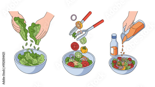 three step hand drawn illustration of making fresh vegetable salad with lettuce tomato cucumber and dressing