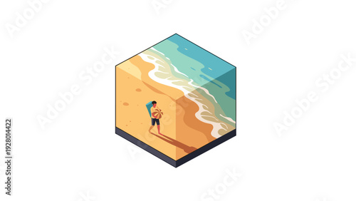 isometric beach scene with person carrying surfboard and beach ball flat vector illustration