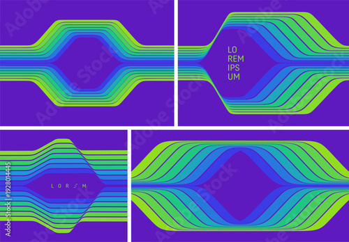 Curved colored lines create a frame in the center. Space for text. Geometric pattern. Retro background. Colored stripes cut down the middle. Ribbons for brochure, poster, cover, card, flyer or banner.