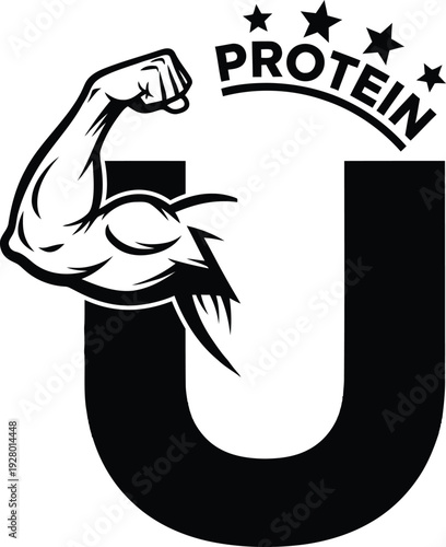 A flexed arm illustration with a bold 'U' shape and the word 'PROTEIN' surrounded by stars, symbolizing strength and fitness