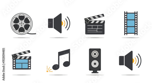 Flat Design Media Icons Set: Film Music and Audio Symbols Collection.