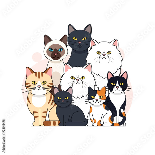 A charming illustration featuring a diverse group of domestic cats, showcasing different breeds, colors, and fur types, all gathered together.