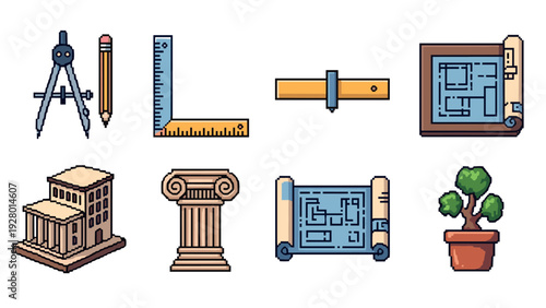 architecture and design tools icons set in hand drawn pixel art style including compass pencil ruler column blueprint and bonsai tree