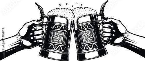 Two hands clinking beer mugs together in a toast, frothy beverage overflowing, black and white illustration