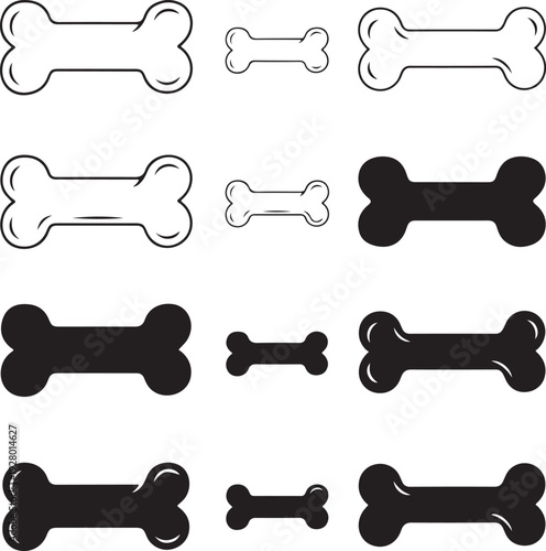 Collection of black and white dog bone in various sizes and styles silhouette outline 1