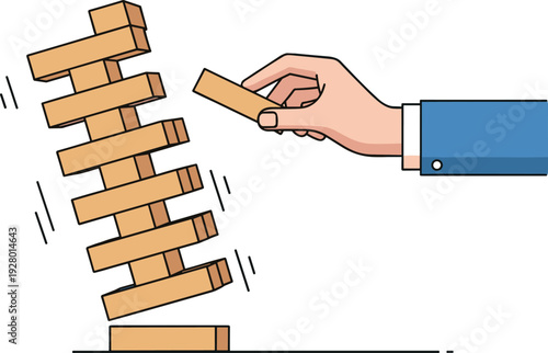 Business risk management concept illustration, hand removing block from unstable tower strategy planning crisis decision leadership flat vector minimal design artwork