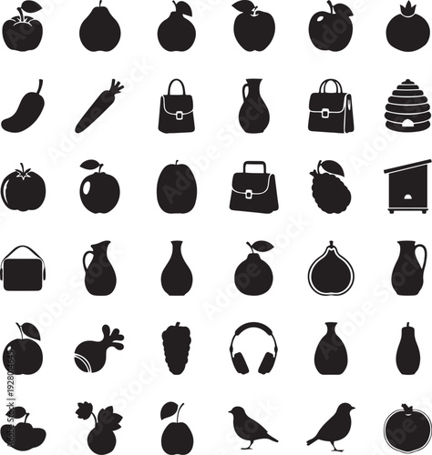 Collection of black silhouette of fruits vegetables bags vases birds and other on white background