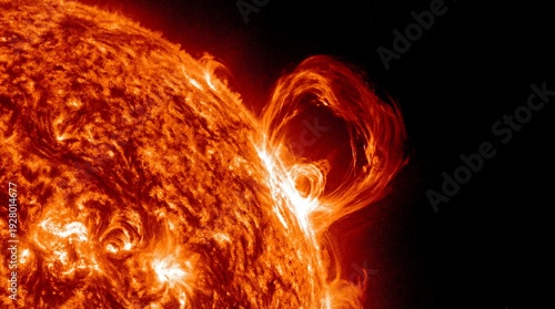 Solar storm with huge plasma eruption. Coronal mass ejection from the sun surface. Space weather and solar activity concept.