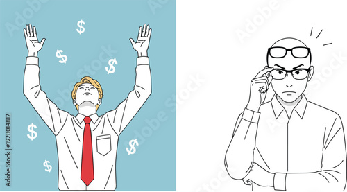 Business success and thinking concept illustration, happy businessman with money symbols and serious professional analyzing strategy finance vector design