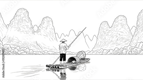 fisherman standing on bamboo raft with fishing net in hand drawn line art style with mountain landscape