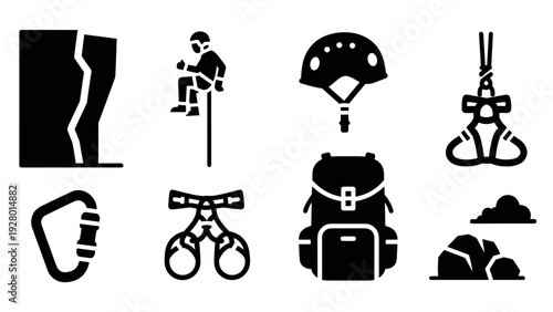 rock climbing equipment and safety gear set in black silhouette style