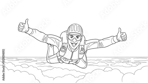 skydiver giving thumbs up hand drawn line art illustration above clouds