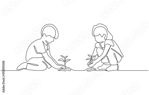 Continuous one line drawing of siblings planting at garden together, leisure activity of siblings concept, single line art.
