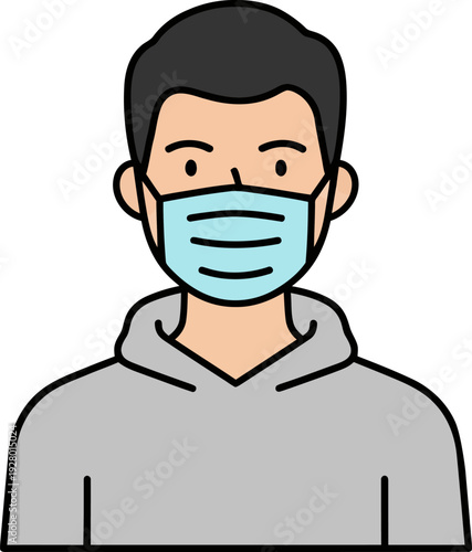 A cartoon illustration of a person wearing a light blue medical face mask and a grey hoodie.