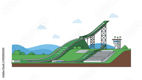 ski jumping hill with stands and tower flat hand drawn illustration for sports design