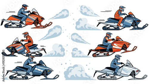set of hand drawn snowmobile riders in colorful suits with dynamic snow dust illustrations