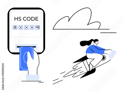 International shipping, customs processing, fast delivery, trade logistics, e-commerce, transportation. Hand entering HS code and woman on rocket. International shipping and customs processing