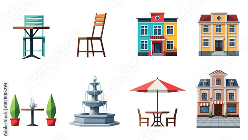 set of colorful hand drawn urban buildings and outdoor furniture with fountain in flat style