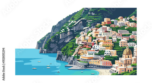 Mediterranean coastal town with hillside buildings and boats hand drawn illustration