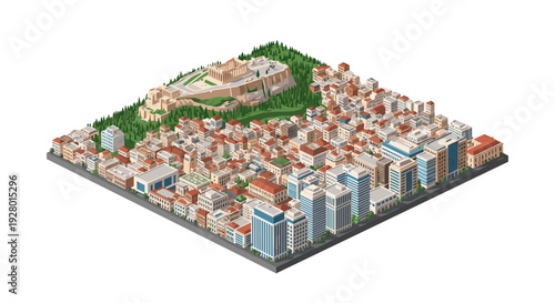 isometric cityscape with urban buildings and ancient hilltop ruins in flat design
