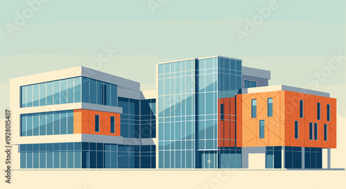 modern office building with glass facade orange accents and architectural design illustration