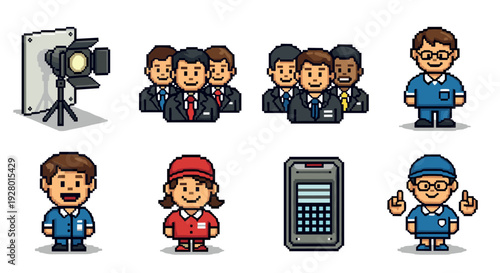 pixel art business people team office workers and tech devices set