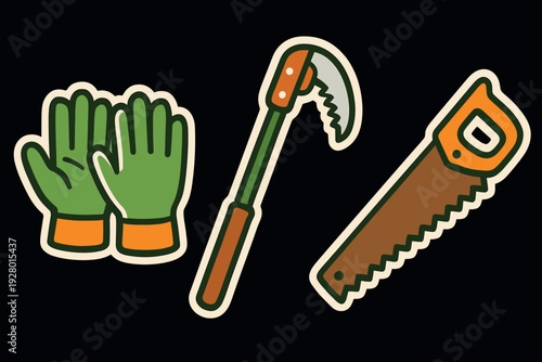 hand drawn gardening gloves sickle and saw tool icons set