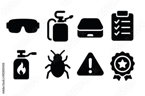pest control equipment and safety icons set in black silhouette style