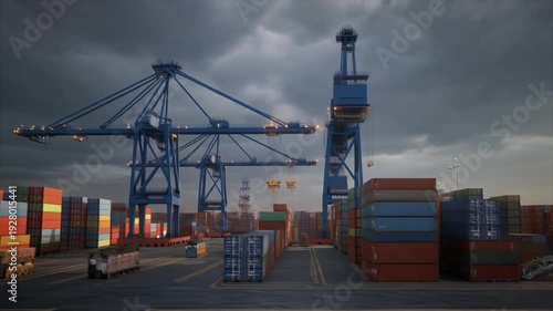 Port Cranes Handling Cargo Containers at Industrial Harbor