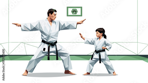adult and child practicing karate together in training dojo vector illustration