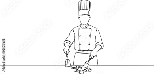 continuous line drawing of teppanyaki chef preparing food on hot iron griddle, line art vector illustration