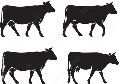Four black cow silhouettes walking in profile on white background cattle animal 1