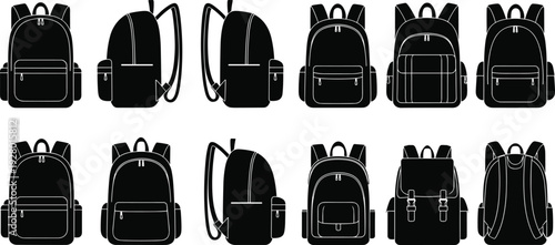 backpack, school bag, rucksack, silhouette, travel, student, education, luggage, black, isolated, set, collection, bag, design, vector, fashion, accessory, camping, hiking, illustration