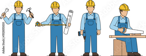 Male construction worker or carpenter character set wearing blue overalls and yellow hard hat holding tools like saw drill and hammer