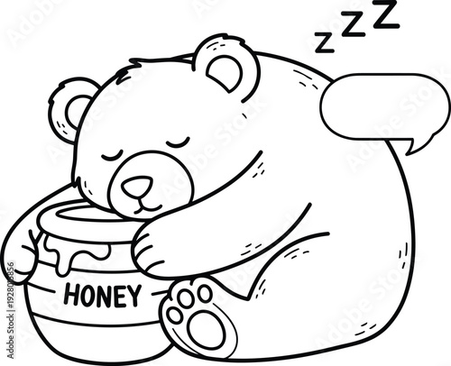Black and white coloring page illustration of a cute teddy bear sleeping on a honey pot with bubbles and zzz signs