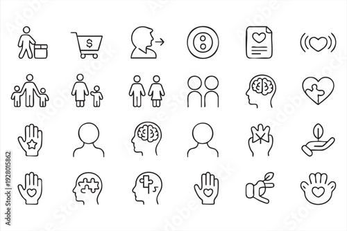 Community support outline icons with family charity and volunteer