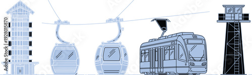 Cable car gondola tramway transport line illustration, mountain aerial lift station towers urban rail transit outline vector travel tourism design
