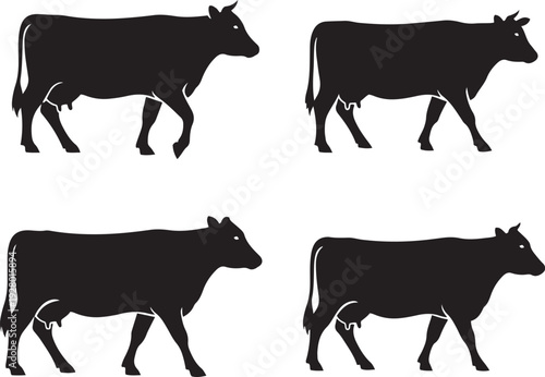 Four black silhouette cows walking side profile on white background cattle animal 1 livestock farm