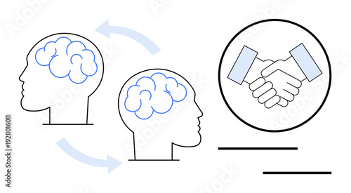 Two brains linked with arrows symbolize knowledge transfer, concluding in a handshake representing agreement and collaboration. Ideal for communication, teamwork, partnership, learning, innovation