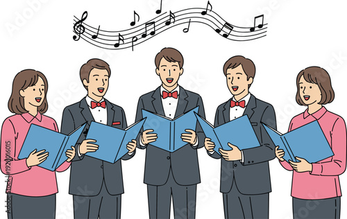 Choir singing performance illustration, group of singers holding music sheets classical vocal ensemble concert rehearsal vector character music education design