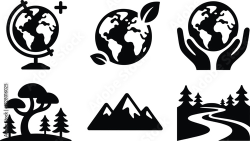 Environmental and nature silhouettes set with globe, trees, mountains and landscape icons vector illustration isolated on white background