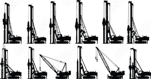 Construction drilling rig and crane silhouettes collection, heavy industrial machinery icons, black and white engineering equipment vector illustration isolated set