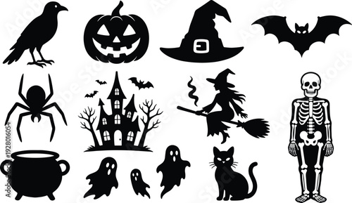 Halloween silhouettes set with witch, pumpkin, bat, skeleton and spooky horror elements vector illustration isolated on white background