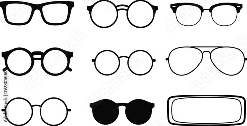 Eyeglasses and sunglasses frames silhouettes collection, optical eyewear icons set, fashion vision accessories black and white vector illustration isolated design