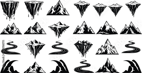 Fantasy floating islands, mountains, rivers and waves silhouettes collection, nature landscape elements black and white vector illustration isolated design set