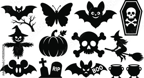 Halloween silhouette collection with bats, pumpkin, witch, skull and spooky elements vector illustration isolated on white background