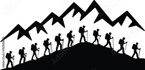 Hiking silhouettes group trekking in mountains with backpacks and walking poles vector illustration isolated on white background